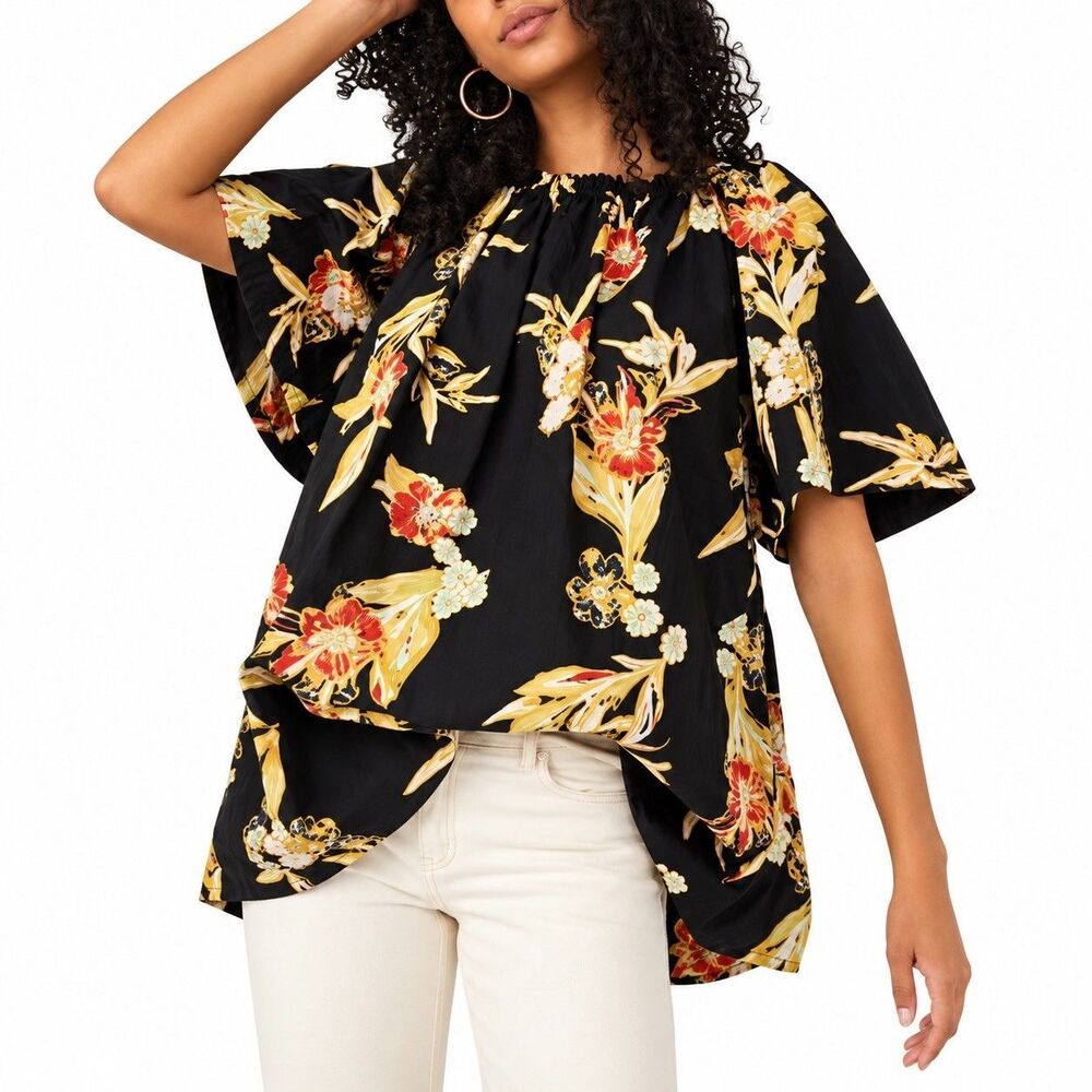 Free People Jodie Floral Printed Tunic Mini Dress Black Combo XL Cotton Pockets
